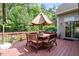 Inviting deck with a wooden table, benches, and umbrella, perfect for outdoor dining and relaxation at 913 S South Bend Dr, Durham, NC 27713