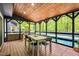 Covered outdoor dining with a beautiful view of the pool and greenery at 106 Silverwood Ln, Cary, NC 27518