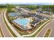 Aerial view of community pool and clubhouse; view includes common areas, meticulous landscaping, and stylish home exteriors at 109 Imagine Way, Pittsboro, NC 27312