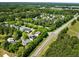 Aerial view of a residential neighborhood featuring tree-lined streets and well-maintained homes at 1204 Caribou Xing, Durham, NC 27713