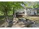 Backyard patio with fire pit and outdoor seating at 128 Cobblestone Dr, Chapel Hill, NC 27516