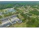 A scenic aerial view shows a neighborhood with pond near a school and surrounding greenery at 138 Boarstall Crk, Durham, NC 27707