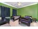 Bedroom featuring green walls, a ceiling fan, and two twin beds with dark blue bedding at 144 Elk Stone Trl, Garner, NC 27529