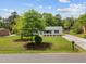 Inviting home with white brick, blue shutters, green lawn, and mature trees alongside a lengthy driveway and mailbox at 1734 Stage Rd, Durham, NC 27703