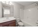 The full bathroom has a shower-tub combo, and vanity with storage space at 201 Mayfield Dr, Apex, NC 27539