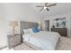 Bright bedroom featuring a plush bed, nightstands with lamps, and a ceiling fan at 2713 Wyntercrest Ln, Durham, NC 27713