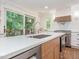 This modern kitchen features a stainless steel dishwasher, faucet and sink, and wood cabinets at 3009 Hillmer Dr, Raleigh, NC 27609