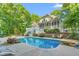 Beautiful backyard showcasing a sparkling pool, patio area, and lush landscaping at 3440 Black Bear Cv, Burlington, NC 27215