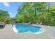 Backyard pool surrounded by lounge chairs, lush greenery, and a fence for a serene and private outdoor oasis at 3440 Black Bear Cv, Burlington, NC 27215