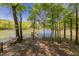 View of a serene lake with a dock and seating, framed by lush trees at 435 Salt And Light Ln, Henderson, NC 27537