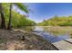 Picturesque lakefront view featuring a fallen tree branch, a dock and clear water at 435 Salt And Light Ln, Henderson, NC 27537