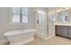 Modern bathroom with freestanding tub, glass shower, and vanity with stylish fixtures at 100 Highveld Ave, Chapel Hill, NC 27516