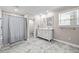 Modern bathroom featuring a double sink vanity, a shower with a curtain, and neutral decor at 1414 Walter Bright Rd, Sanford, NC 27330