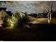 Backyard at night with patio furniture and professional landscape lighting at 1712 Briarforest Pl, Raleigh, NC 27615