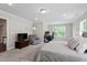 Comfortable bedroom features soft carpeting, recessed lighting, a sitting area, and lots of natural light from backyard views at 2650 Turner Pines Dr, New Hill, NC 27562