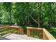A closer view of the wooden deck overlooking the lush green lawn and mature trees at 300 Silvercliff Trl, Cary, NC 27513