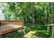 A closer view of the wooden deck overlooking the lush green lawn and mature trees at 300 Silvercliff Trl, Cary, NC 27513