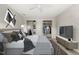 Bright bedroom featuring a ceiling fan, built-in closets, and a mounted TV at 5212 Badham Pl, Raleigh, NC 27609