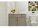 Well-lit bathroom showcases a modern vanity, a decorative plant, and stylish artwork above the toilet at 545 Morning Light Dr, Angier, NC 27501