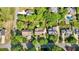 Aerial view of homes with lush greenery, a basketball court, manicured lawns, and mature trees at 608 Driftwood Dr, Gibsonville, NC 27249