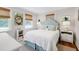 Well-lit bedroom featuring a patterned headboard and two large windows at 713 E Whitaker Mill Rd, Raleigh, NC 27608