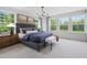Main bedroom with large windows, neutral carpet, and modern chandelier at 908 Kensley Grove Lane St #69, Fuquay Varina, NC 27526