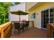 Cozy wooden deck with a dining set perfect for outdoor meals, accessible via a sliding glass door at 11 Piccadilly Ct, Durham, NC 27713