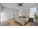 Bright primary bedroom with neutral tones, modern lighting, and ensuite bath at 1101 Ridge Rd, Roxboro, NC 27573