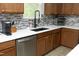 Close-up of modern kitchen featuring stainless steel appliances and sleek white countertops at 1106 Red Crest Ln, Durham, NC 27704