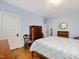 Charming bedroom with light blue walls, hardwood floors, and an antique four-poster bed at 224 E Park Dr, Raleigh, NC 27605