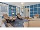 Bright living room features grid paneling and comfortable seating with a vibrant blue accent wall at 224 E Park Dr, Raleigh, NC 27605