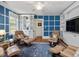 Bright living room with blue accent walls, custom shelving, and comfortable seating arranged around a patterned rug at 224 E Park Dr, Raleigh, NC 27605