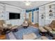 Spacious living room featuring custom built-in shelving units, comfortable seating, and an eye-catching area rug at 224 E Park Dr, Raleigh, NC 27605