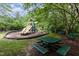 Community playground featuring a picnic table, lush grass, and mature shade trees for outdoor enjoyment at 312 Grassy Point Rd, Apex, NC 27502