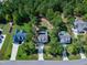 Aerial view of homes with large, green yards and tree coverage in a suburban neighborhood at 3627 River Watch Ln, Franklinton, NC 27525