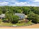 An aerial view of a lakefront home featuring lush landscaping, a private dock, and scenic water views at 5 Bobby Parker Pl, Durham, NC 27703