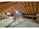 Spacious unfinished attic with exposed rafters, insulation, and wooden flooring at 5 Bobby Parker Pl, Durham, NC 27703