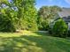 Lush backyard featuring a well-manicured lawn and mature trees, providing a serene outdoor space at 503 Belmont Cir, Wake Forest, NC 27587