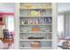 Well-organized pantry shelves, complete with food items and decorative dishware at 508 E Trinity Ave, Durham, NC 27701