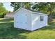 Exterior view of white-painted storage shed in a spacious, green backyard at 55 Derwin Dr, Timberlake, NC 27583