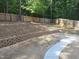Large backyard with terraced retaining walls, gravel beds, and a concrete walkway at 7 Mint Hill Ct, Durham, NC 27703