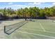 Well-maintained tennis court with green surface, black net, and surrounding fence, ready for a match at 7616 Hasentree Way, Wake Forest, NC 27587
