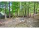 Backyard with a circular fire pit and seating area, surrounded by lush trees and a fence at 829 Joyner Ct, Wake Forest, NC 27587
