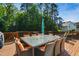 Enjoy outdoor dining on back deck, complete with a large table and chairs with natural views at 106 Mesquite Dr, Durham, NC 27703