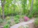Inviting backyard featuring colorful azaleas, hostas, mature trees, and a decorative metal fence at 110 Blackford Ct, Durham, NC 27712