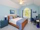Comfortable bedroom with arched window, ceiling fan, and complementary blue decor at 110 Blackford Ct, Durham, NC 27712