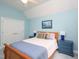 Relaxing bedroom with double closets, ceiling fan, and complementary blue decor at 110 Blackford Ct, Durham, NC 27712