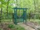 Charming backyard featuring a decorative green wooden garden gate and wrought-iron fence at 110 Blackford Ct, Durham, NC 27712