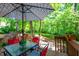 The wooden deck has a table with a glass top and chairs with bright red cushions at 1166 Nc Highway 87 N, Pittsboro, NC 27312