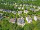 Stunning aerial view of a neighborhood with lush green trees, showcasing the homes and their surroundings at 121 Talley Ridge Dr, Holly Springs, NC 27540